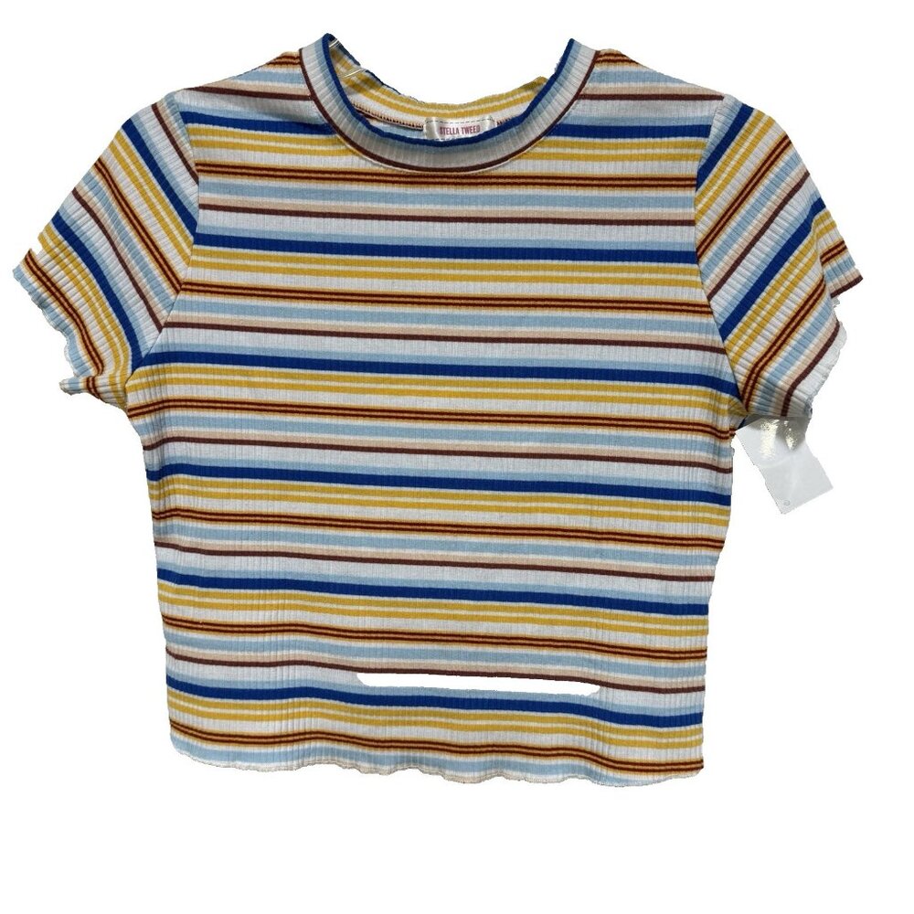 Stella Tweed Juniors Womens Size XLarge  XL Crop Top Shirt Blue Yellow Stripe